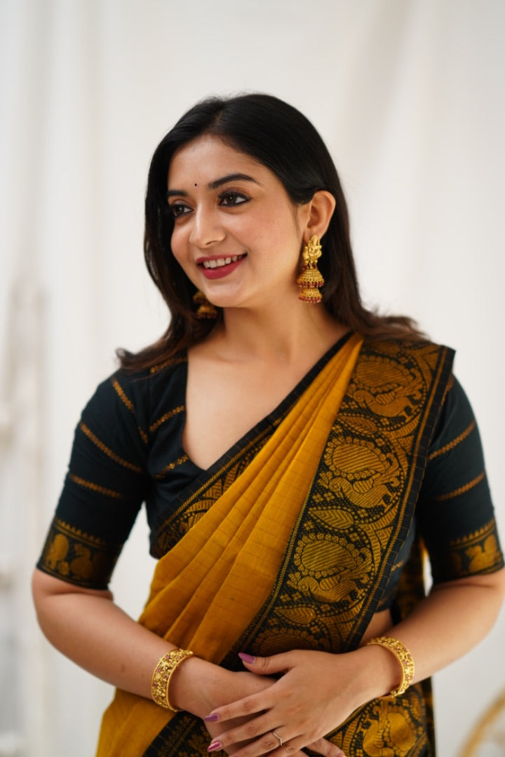 Prettiest Mustard Soft Silk Saree With Blooming Blouse Piece