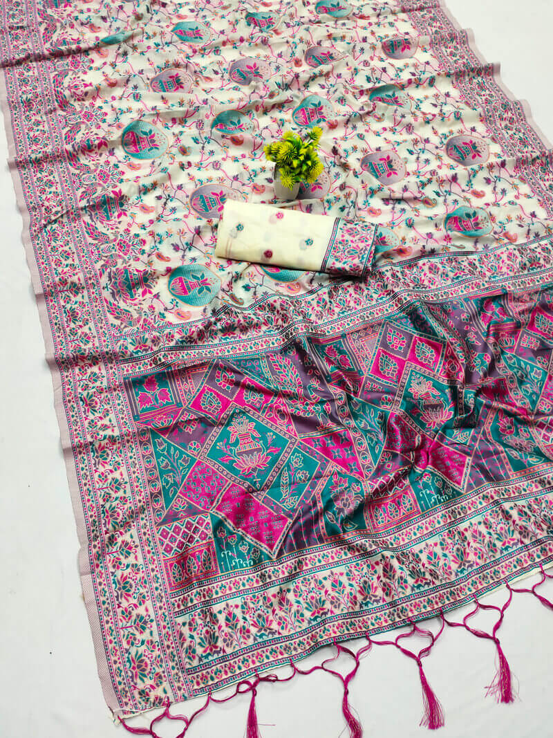 Appealing Beige Pashmina Saree With Mesmeric Blouse Piece