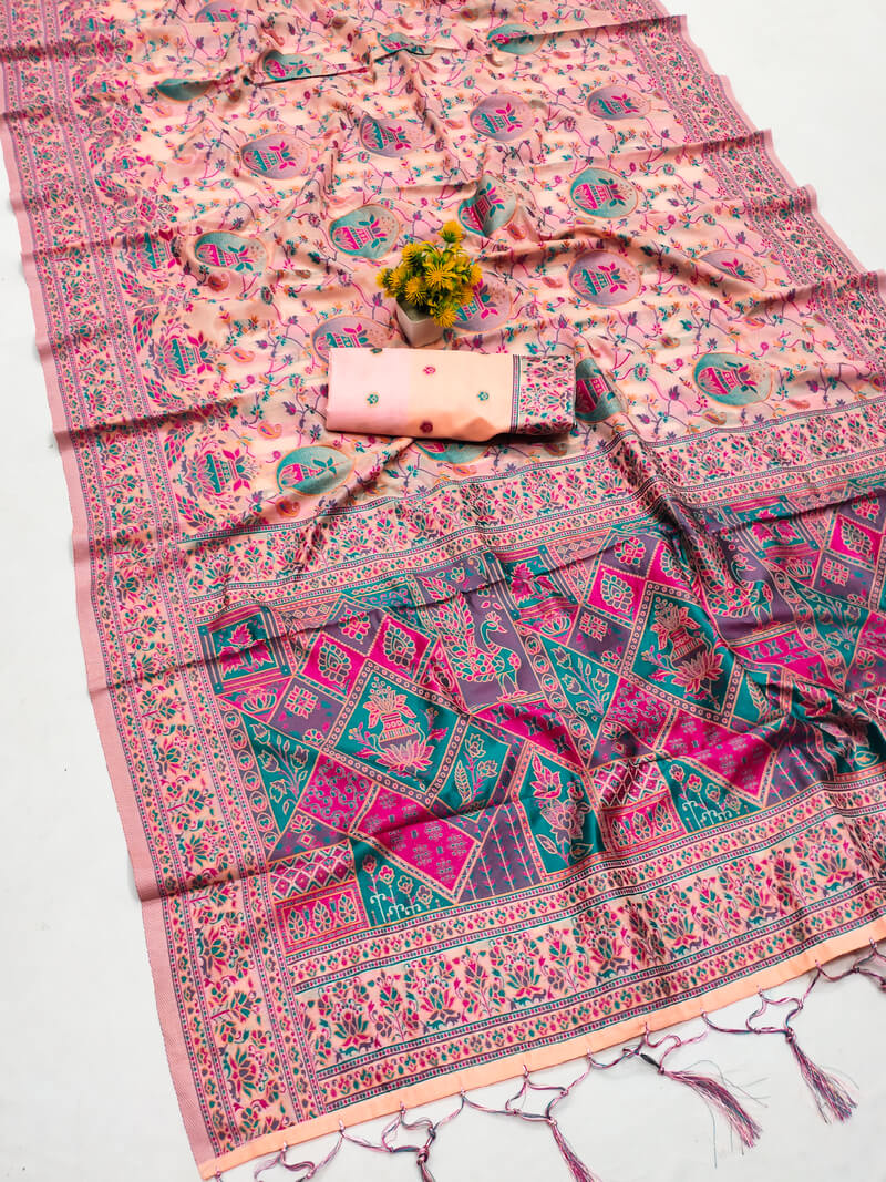 Amazing Peach Pashmina Saree With Blissful Blouse Piece