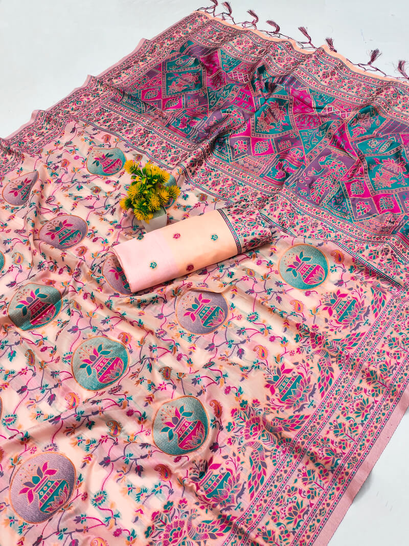 Amazing Peach Pashmina Saree With Blissful Blouse Piece