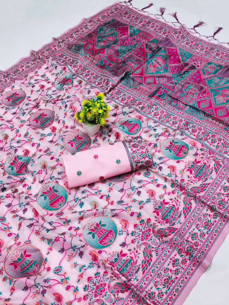 Panache Pink Pashmina Saree With Charming Blouse Piece