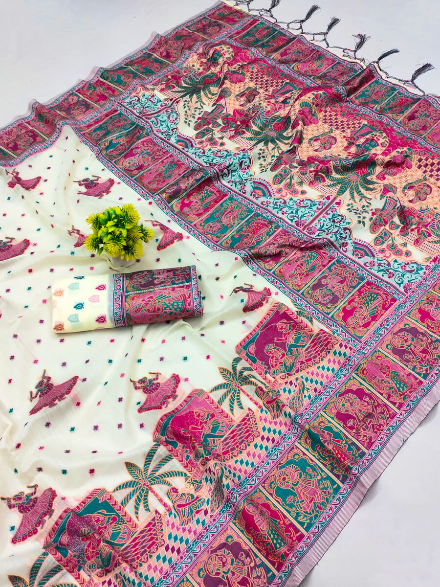 Quixotic Beige Pashmina Saree With Enamoring Blouse Piece