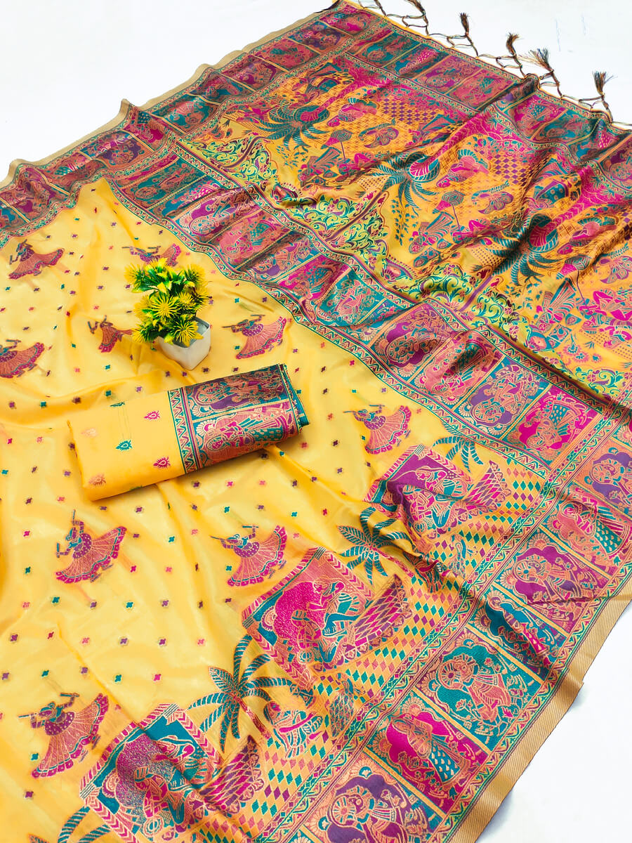 Desirable Yellow Pashmina Saree With Susurrous Blouse Piece