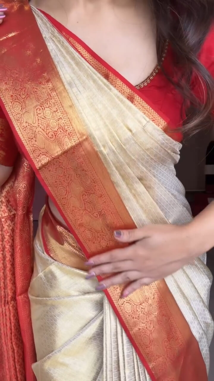 Jazzy Beige Pure Banarasi Silk Saree With Ratatouille Blouse Piece