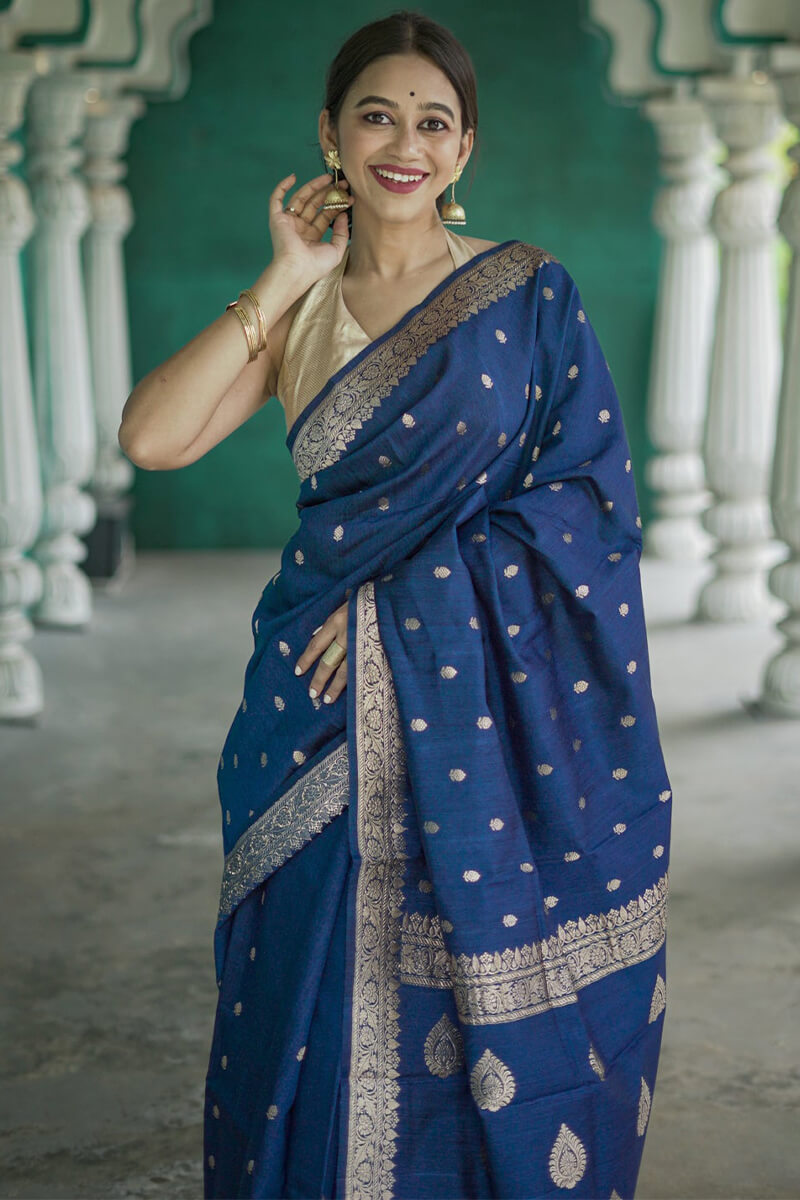 Aplomb Blue Linen Silk Saree With Jazzy Blouse Piece