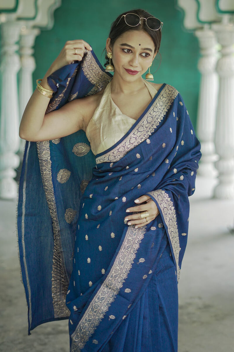 Aplomb Blue Linen Silk Saree With Jazzy Blouse Piece