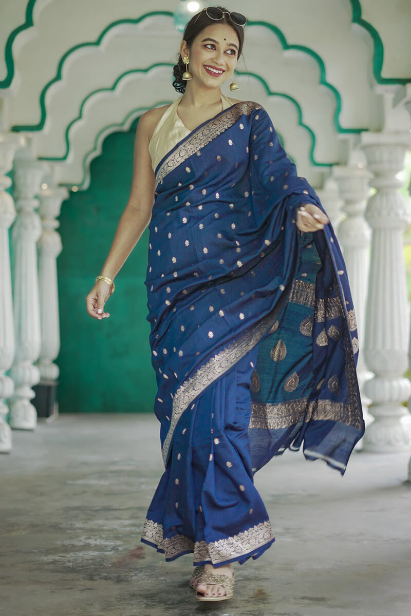 Aplomb Blue Linen Silk Saree With Jazzy Blouse Piece
