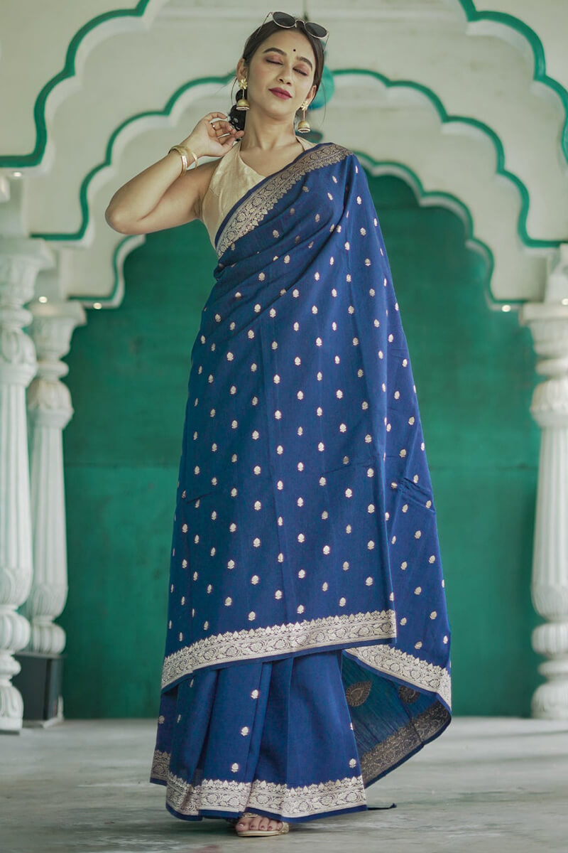 Aplomb Blue Linen Silk Saree With Jazzy Blouse Piece
