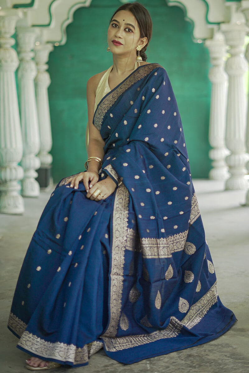 Aplomb Blue Linen Silk Saree With Jazzy Blouse Piece