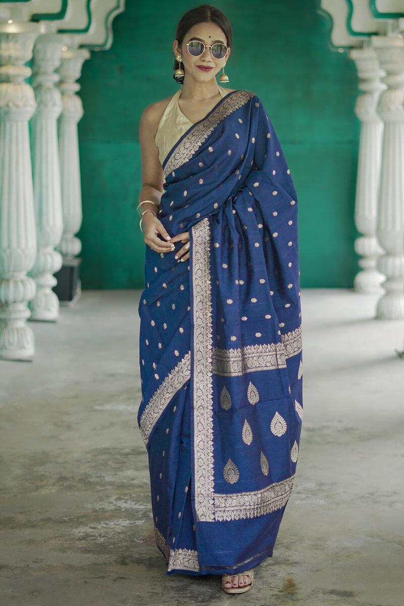 Aplomb Blue Linen Silk Saree With Jazzy Blouse Piece