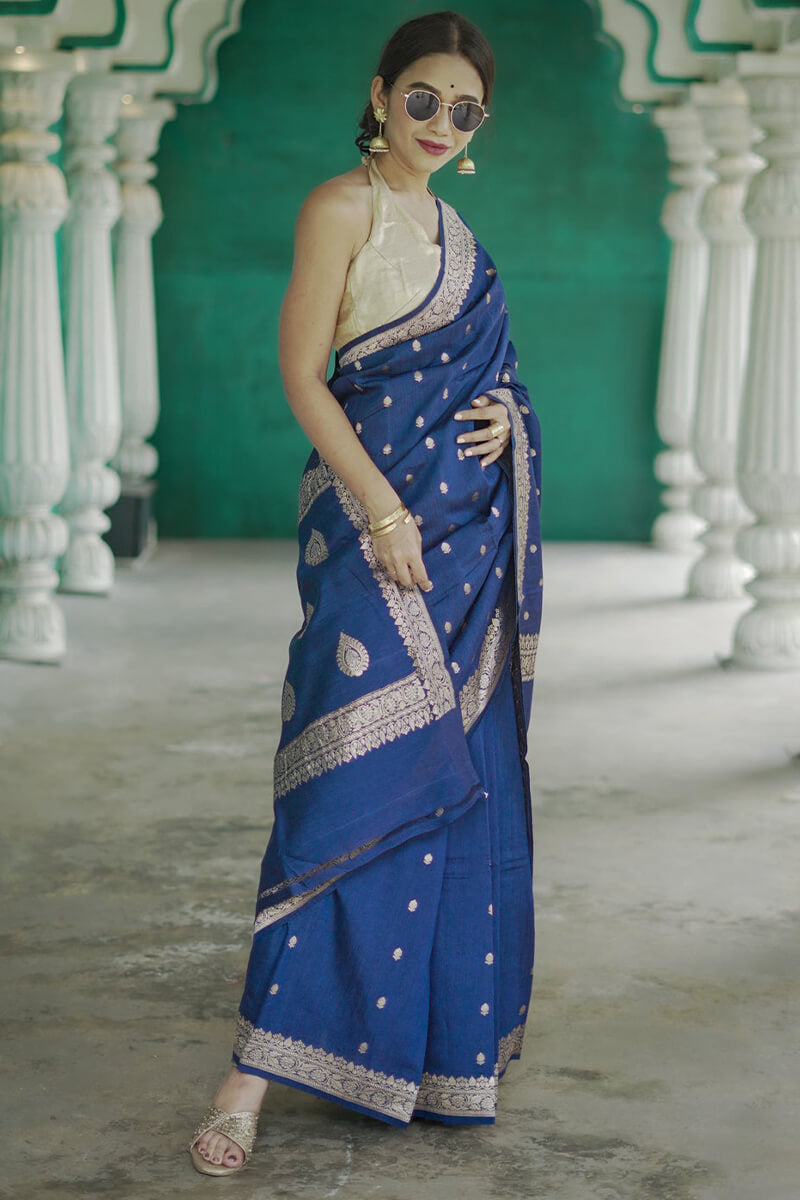 Aplomb Blue Linen Silk Saree With Jazzy Blouse Piece