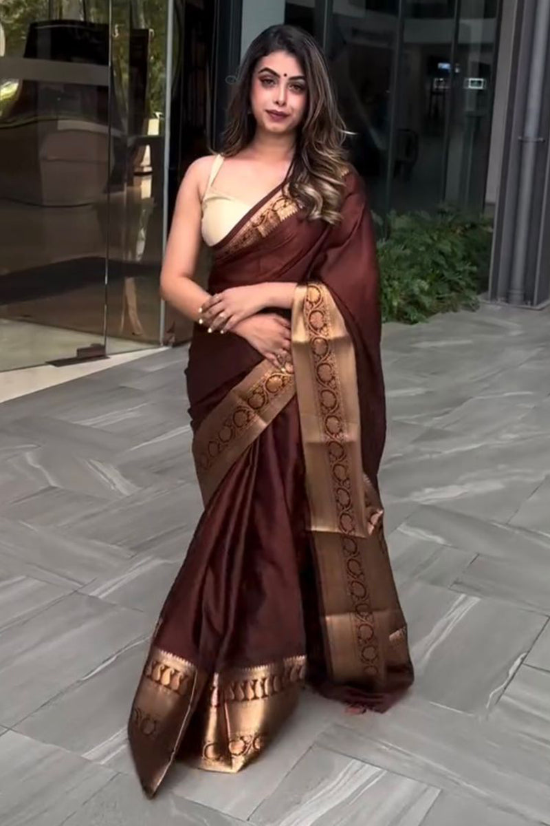 Ailurophile Wine Soft Silk Saree With Artistic Blouse Piece