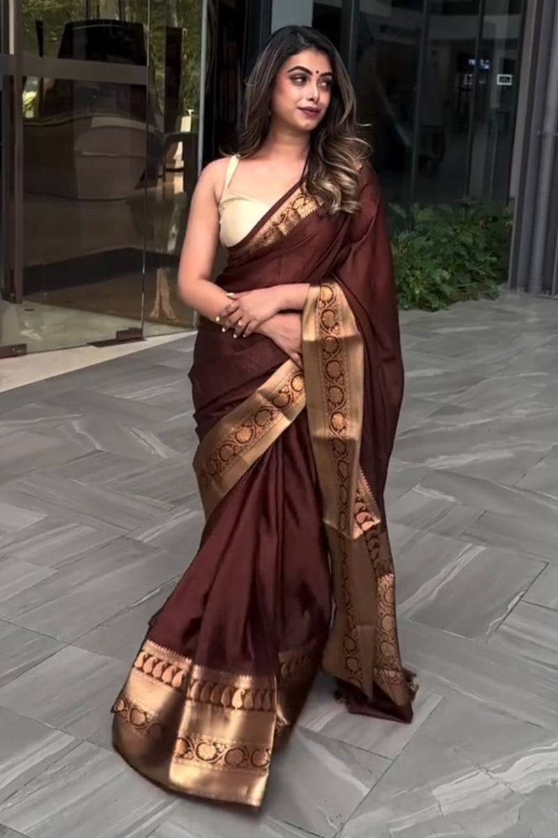 Ailurophile Wine Soft Silk Saree With Artistic Blouse Piece