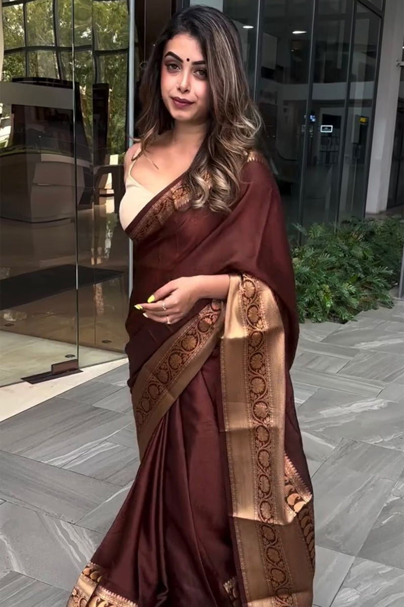 Ailurophile Wine Soft Silk Saree With Artistic Blouse Piece