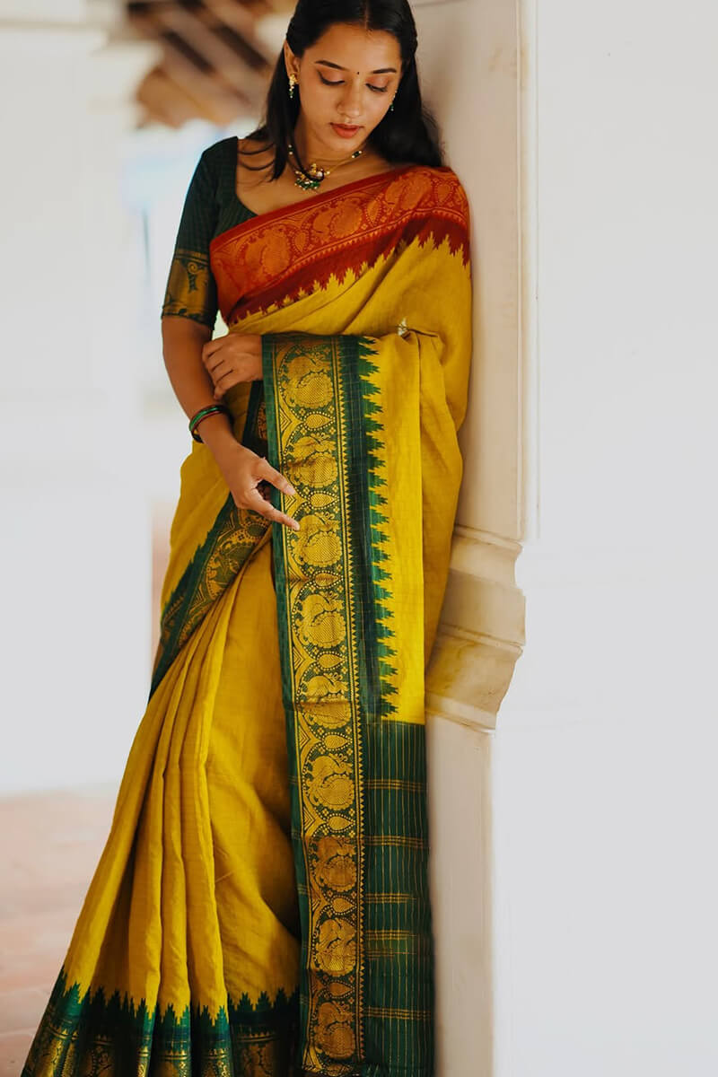 Super extravagant Yellow Soft Silk Saree With Scrupulous Blouse Piece
