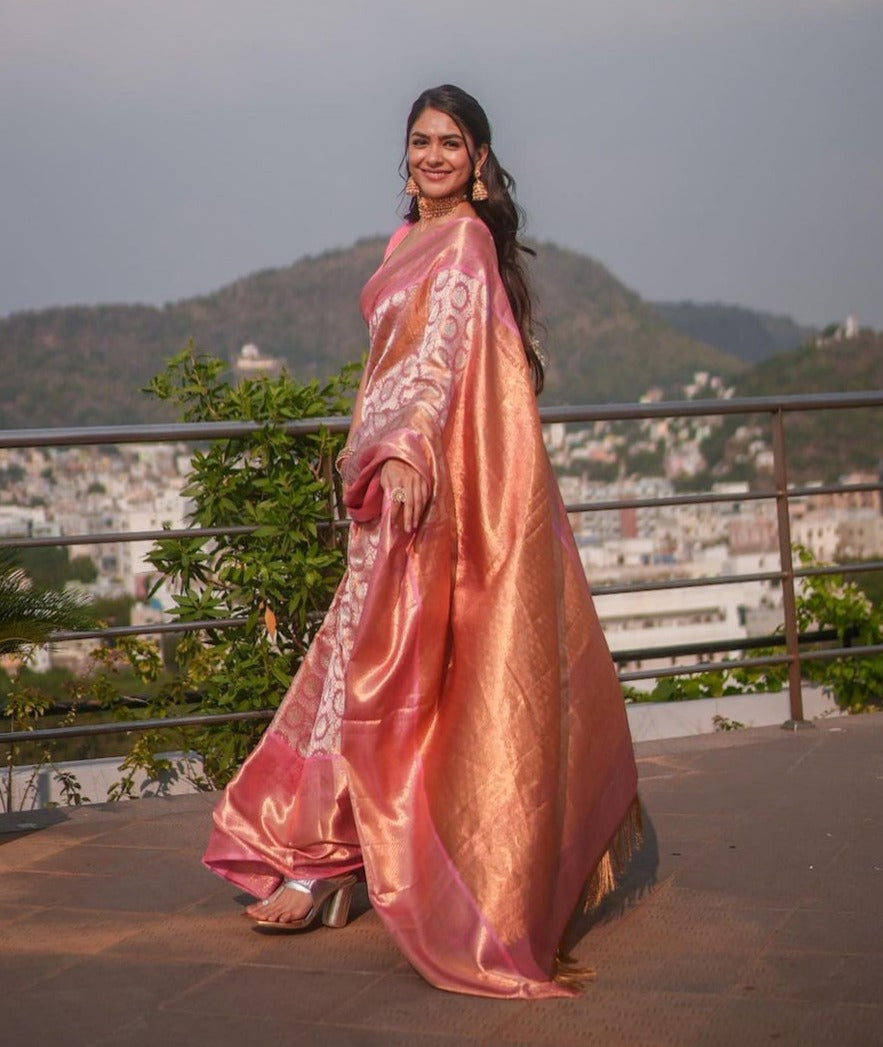 Confounding Pink Soft Banarasi Silk Saree With Impressive Blouse Piece