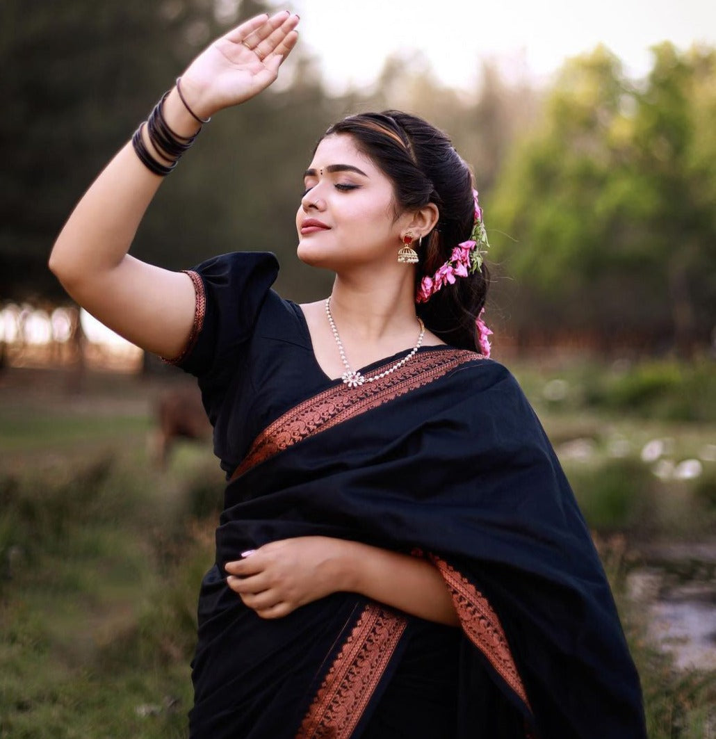 Devastating Black Soft Banarasi Silk Saree With Tremendous louse Piece