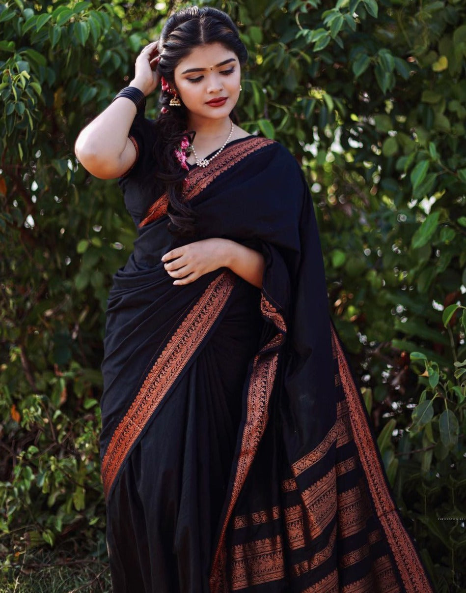 Devastating Black Soft Banarasi Silk Saree With Tremendous louse Piece