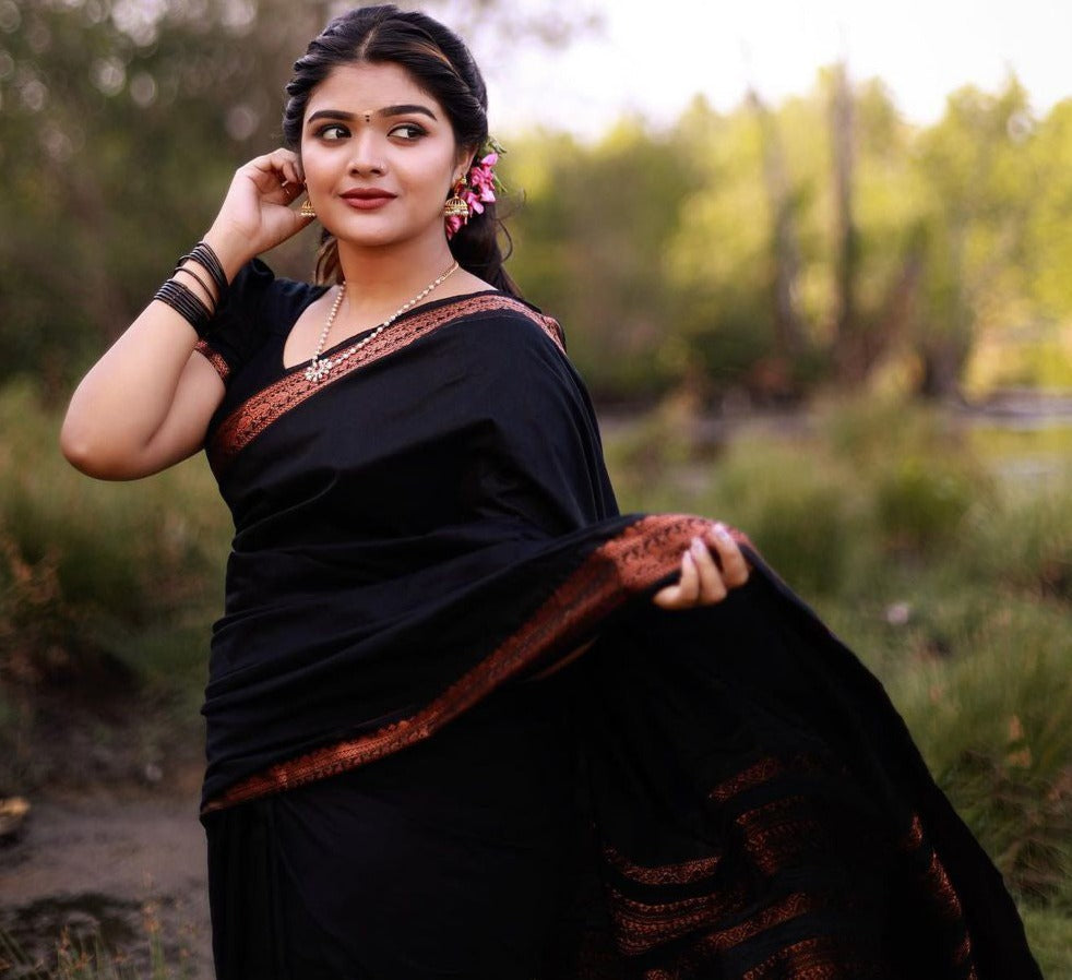 Devastating Black Soft Banarasi Silk Saree With Tremendous louse Piece