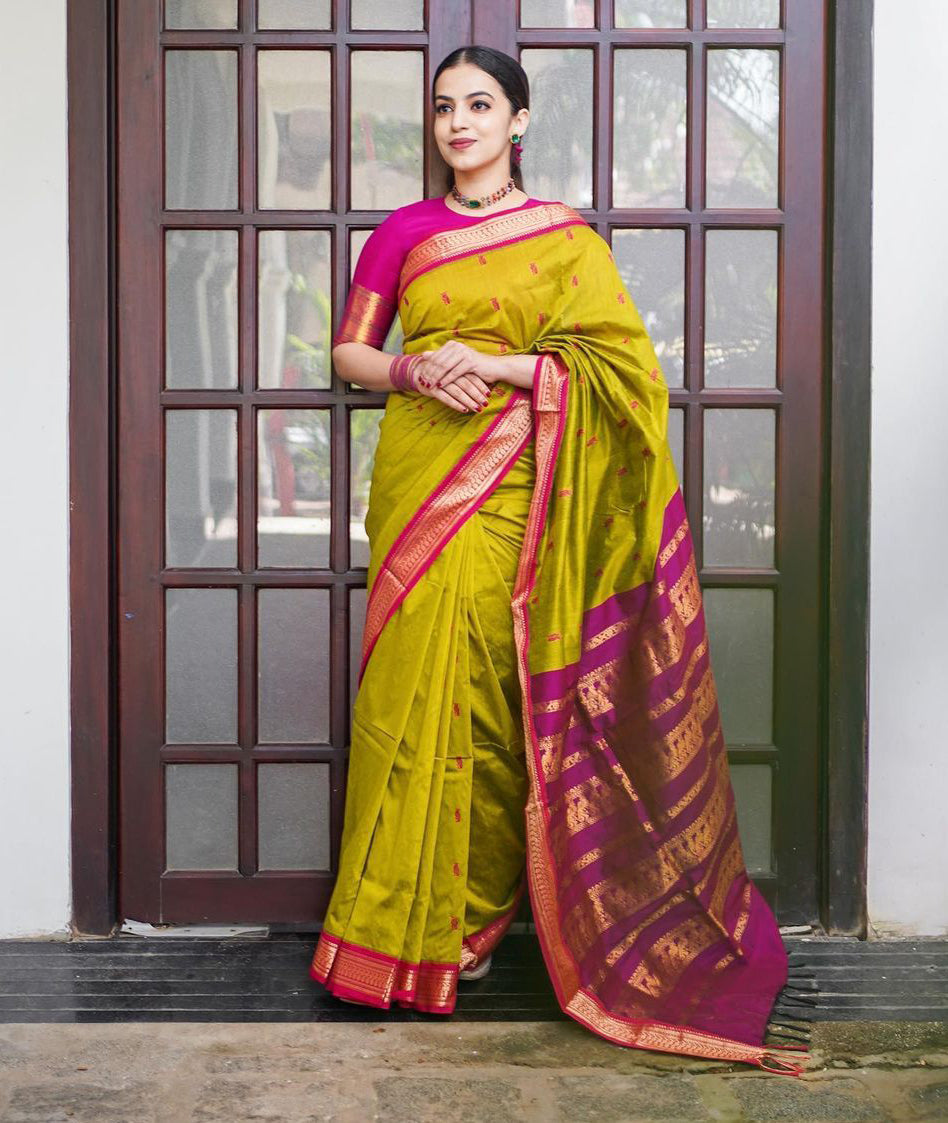 Amazing Mustard Soft Banarasi Silk Saree With Precious Blouse Piece
