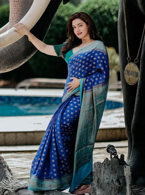 Susurrous Blue Soft Banarasi Silk Saree With Prettiest Blouse Piece