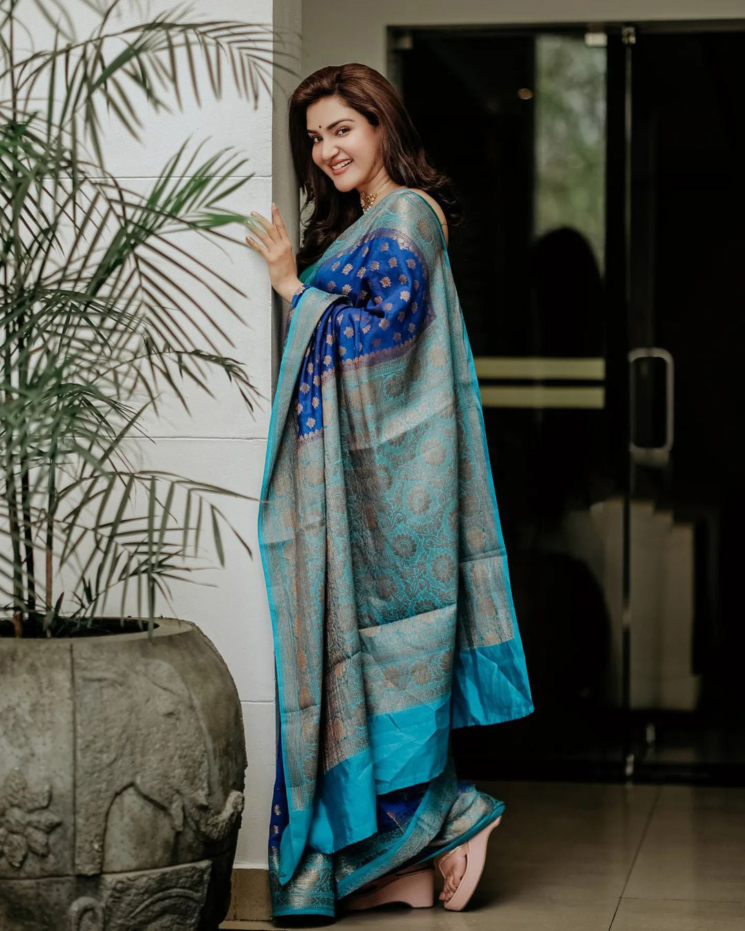 Susurrous Blue Soft Banarasi Silk Saree With Prettiest Blouse Piece
