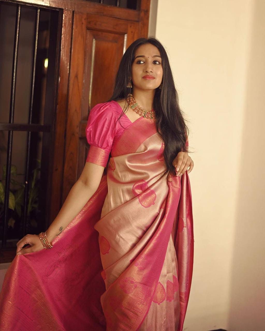 Murmurous Peach Soft Silk Saree With Unique Blouse Piece