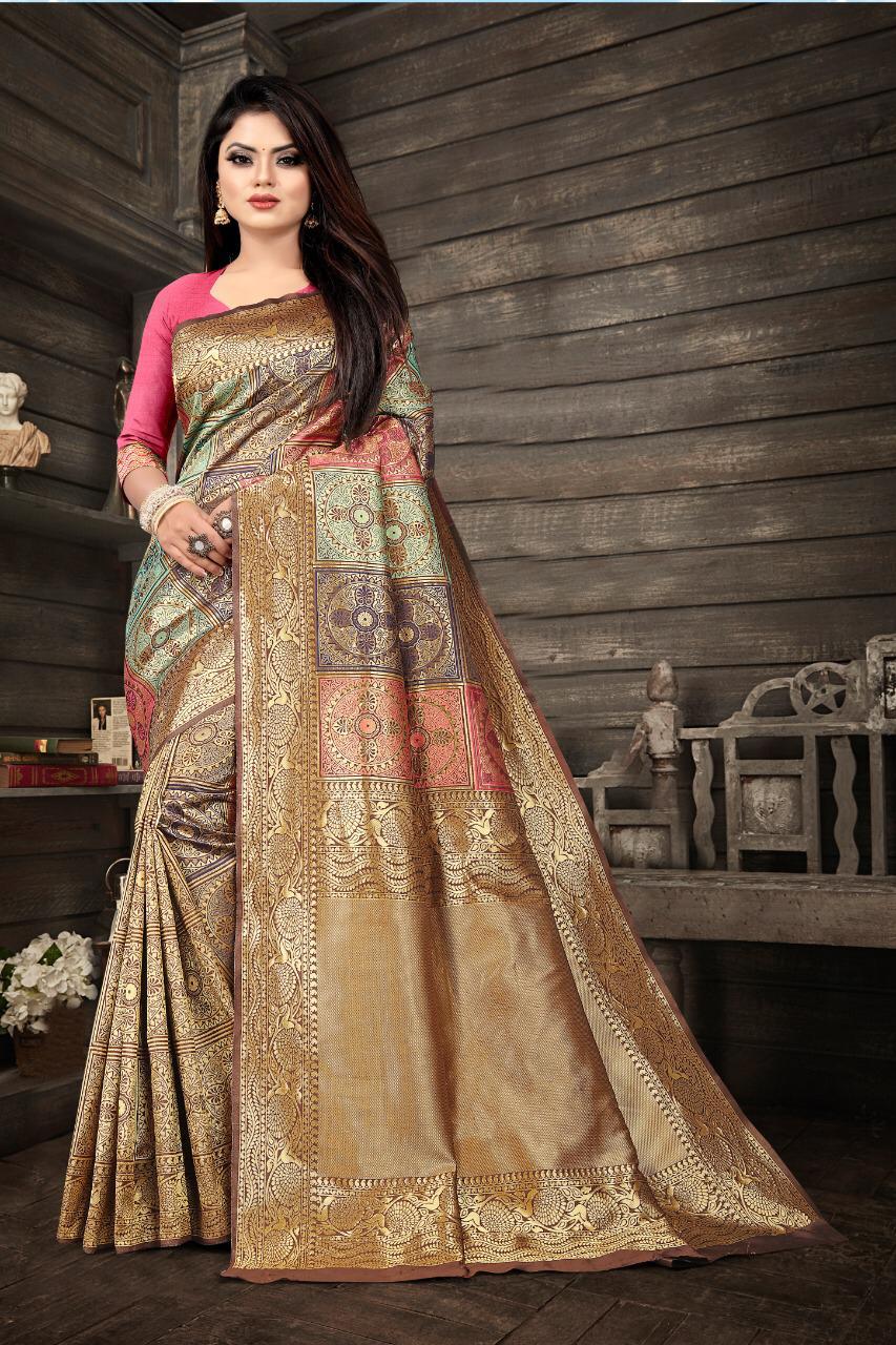 Capricious Beige Soft Banarasi Silk Saree With Fancifull Blouse Piece