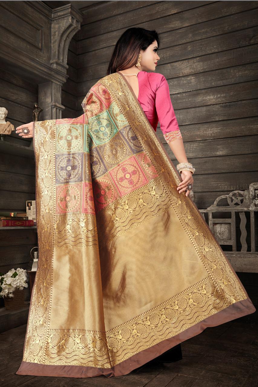 Capricious Beige Soft Banarasi Silk Saree With Fancifull Blouse Piece