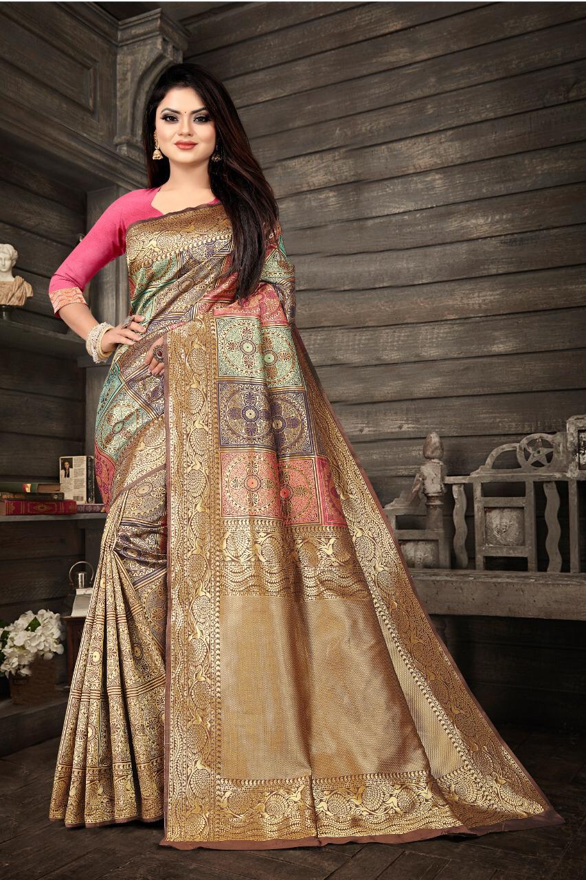 Capricious Beige Soft Banarasi Silk Saree With Fancifull Blouse Piece