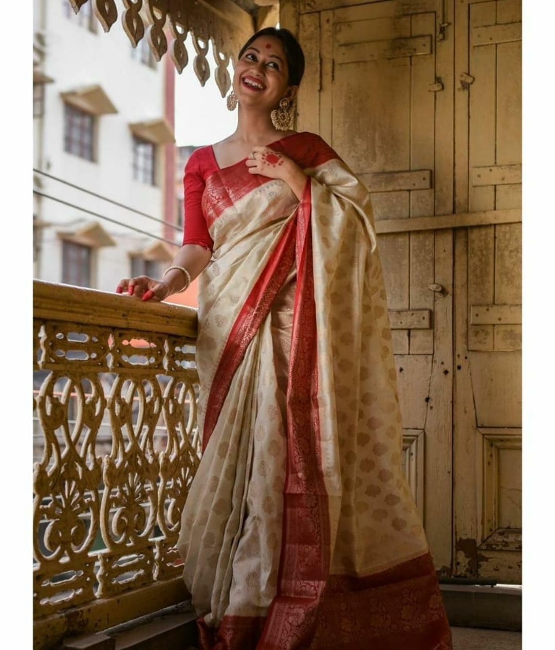 Nectarous Beige Soft Banarasi Silk Saree With Bucolic Blouse Piece
