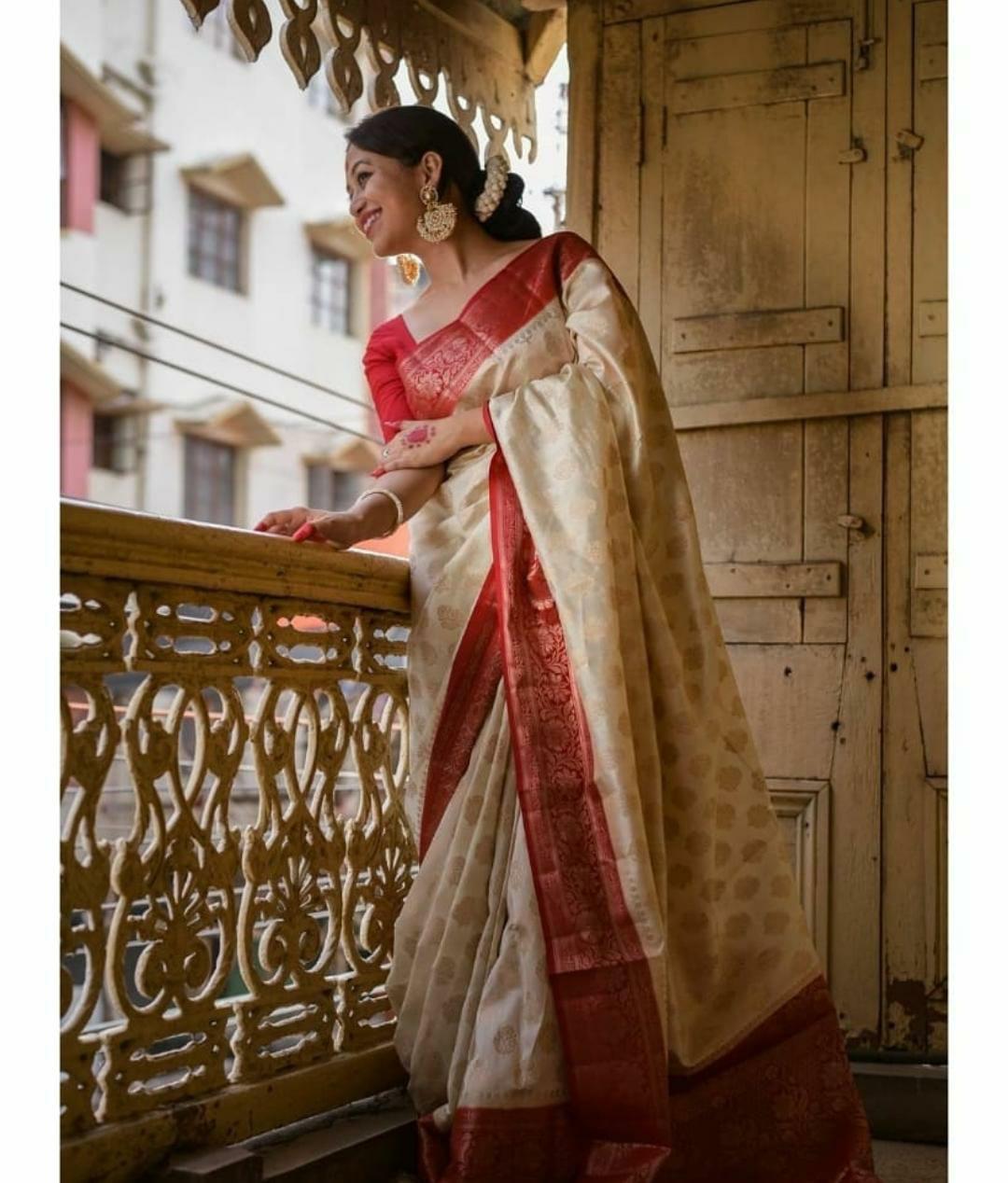 Nectarous Beige Soft Banarasi Silk Saree With Bucolic Blouse Piece