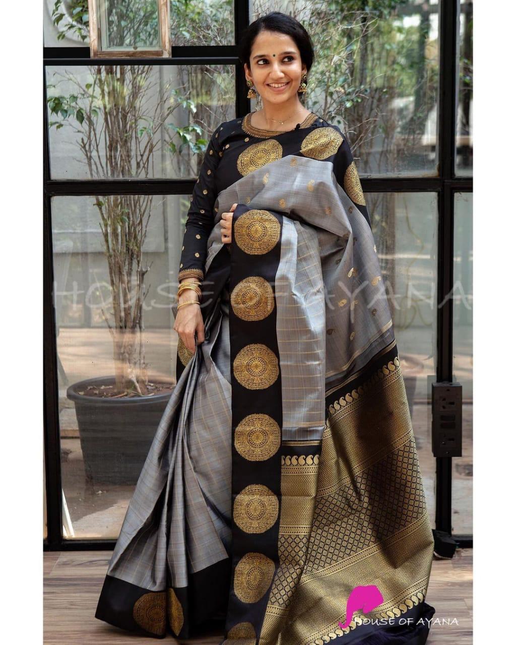 Mellifluous Grey Soft Banarasi Silk Saree With Intricate Blouse Piece
