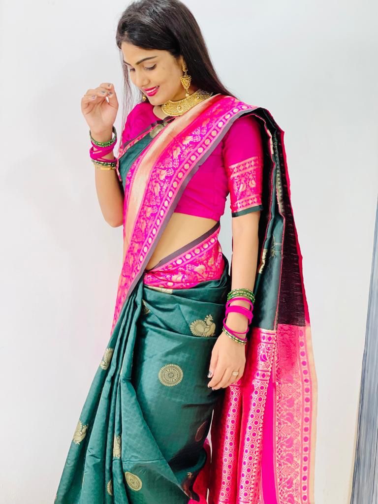 Classic Green Soft Banarasi Silk Saree With Ethnic Blouse Piece