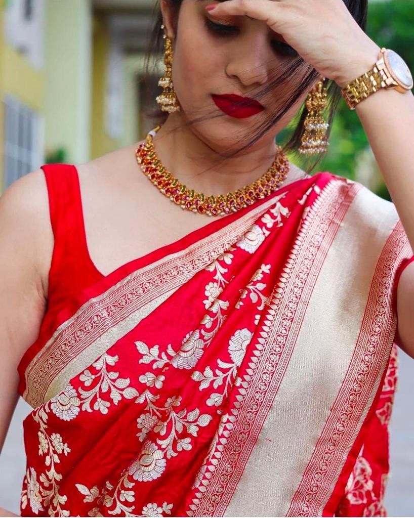 Fancifull Red Soft Banarasi Silk Saree With Seraglio Blouse Piece