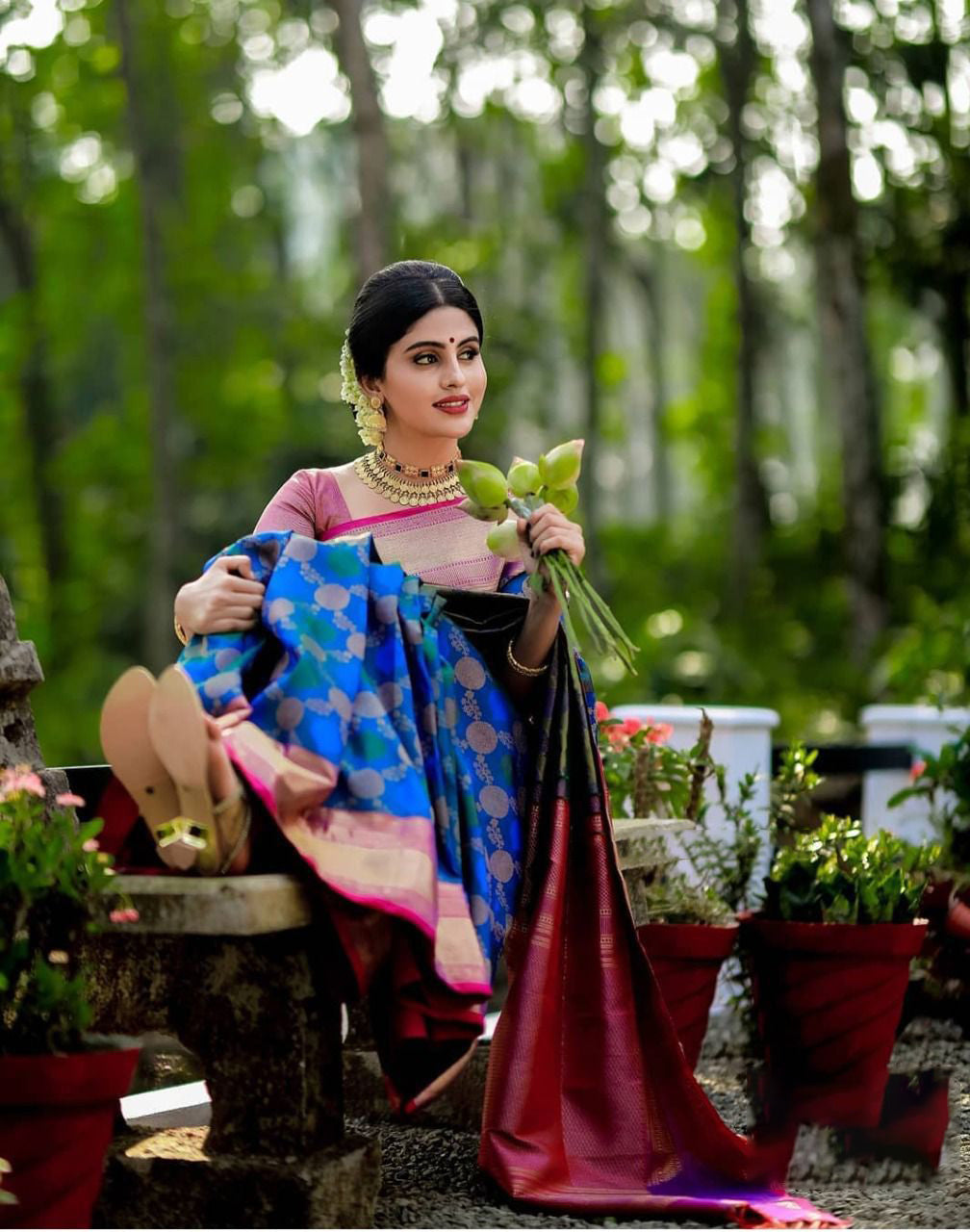 Delightful Blue Soft Banarasi Silk Saree With Pleasant Blouse Piece