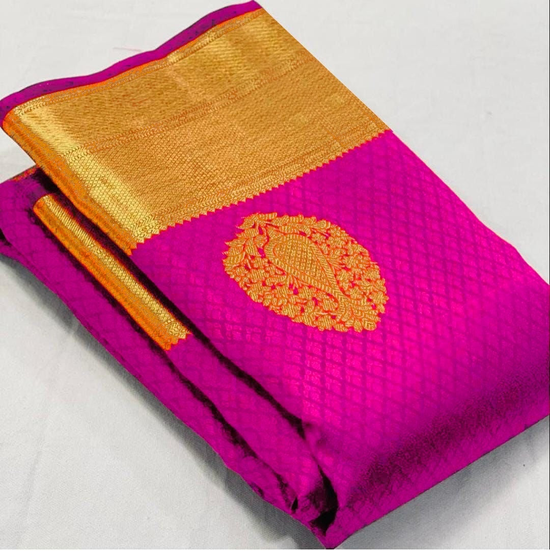 Elaborate Dark Pink Soft Banarasi Silk Saree With Lissome Blouse Piece