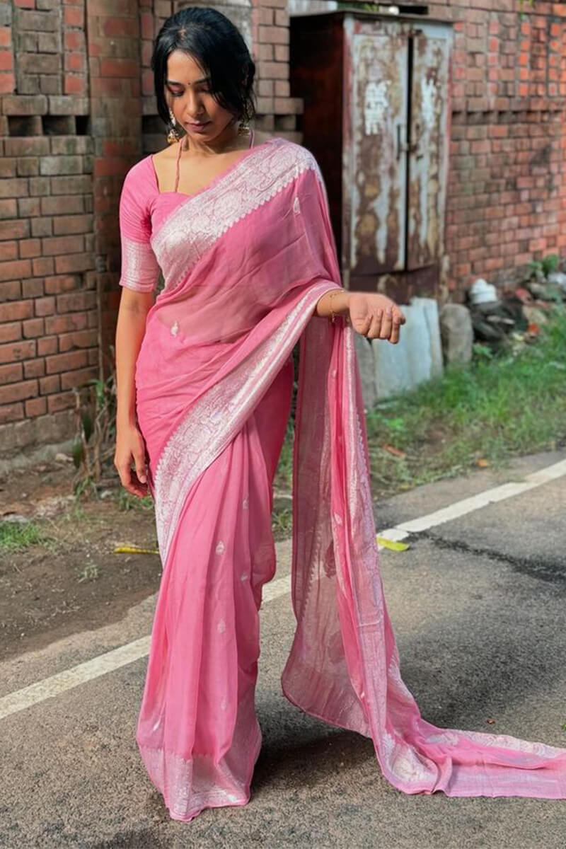 Rose Pink Maheshawari Cotton Silk Saree