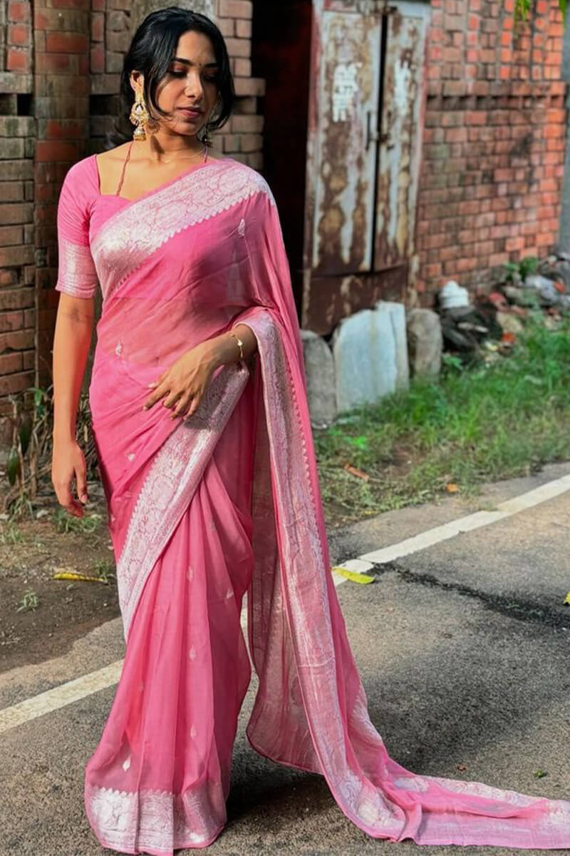 Rose Pink Maheshawari Cotton Silk Saree