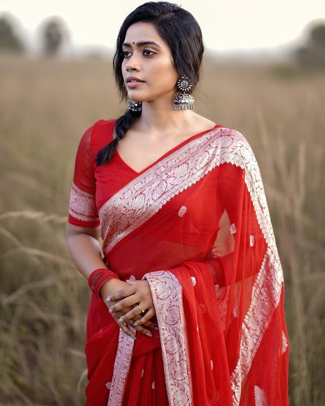 Cornell Red Maheshawari Cotton Silk Saree