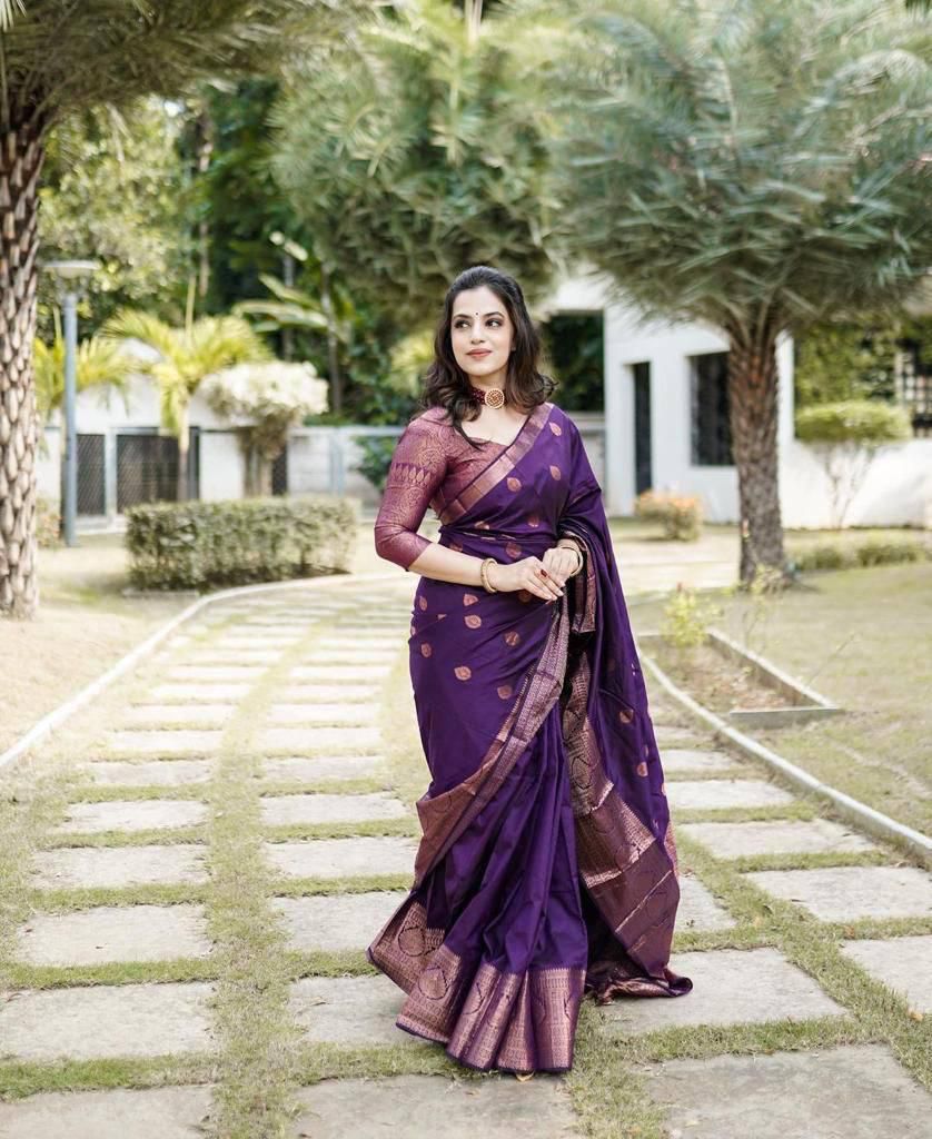 Divine Purple Soft Silk Saree With Divine Blouse Piece