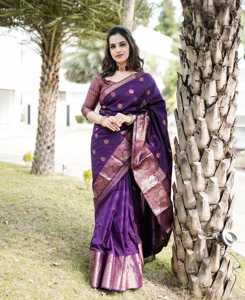 Divine Purple Soft Silk Saree With Divine Blouse Piece