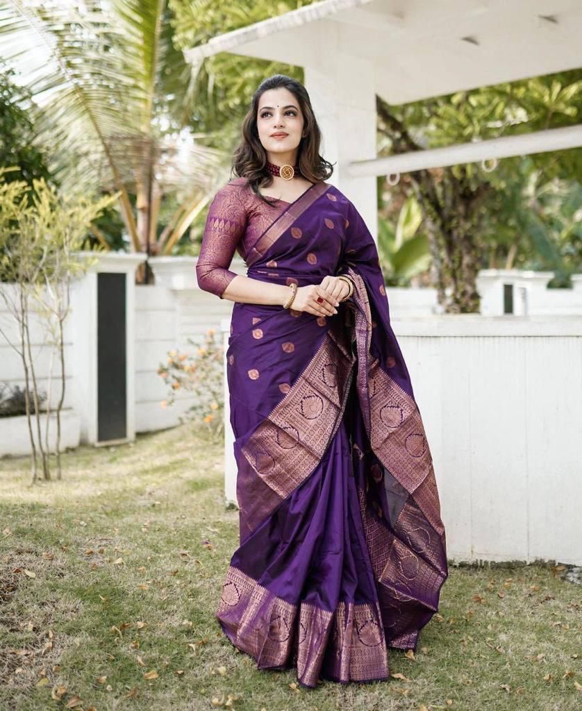 Divine Purple Soft Silk Saree With Divine Blouse Piece