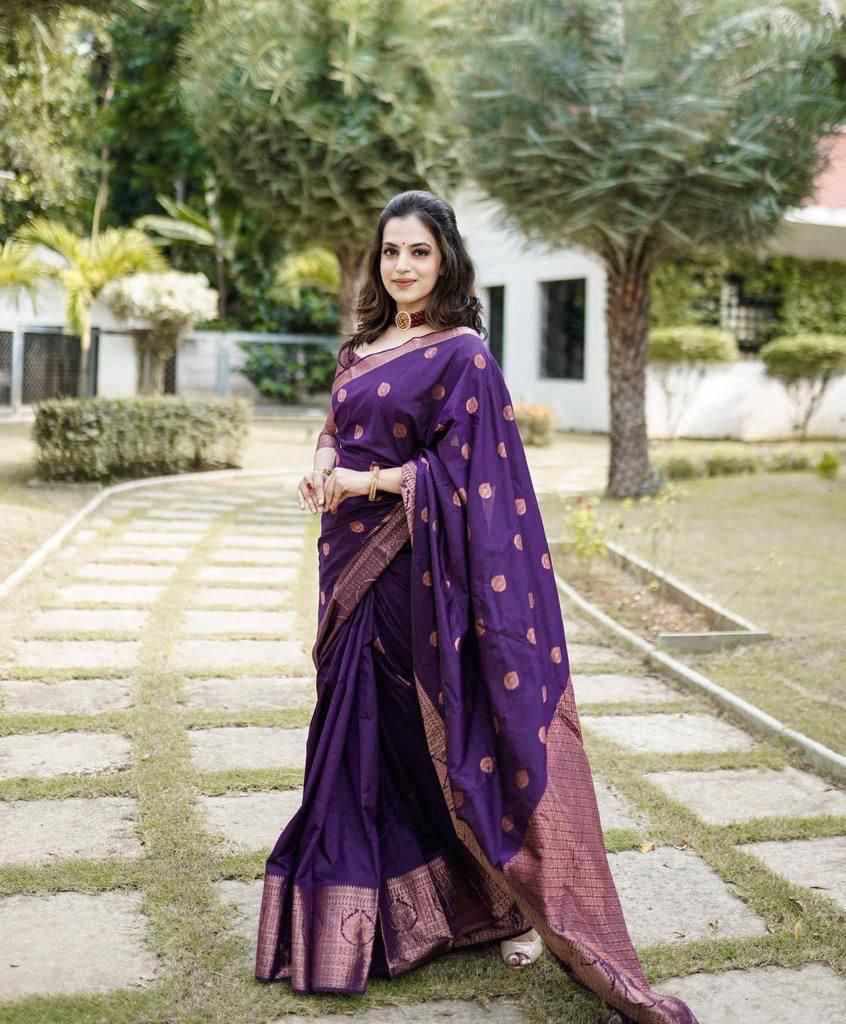 Divine Purple Soft Silk Saree With Divine Blouse Piece