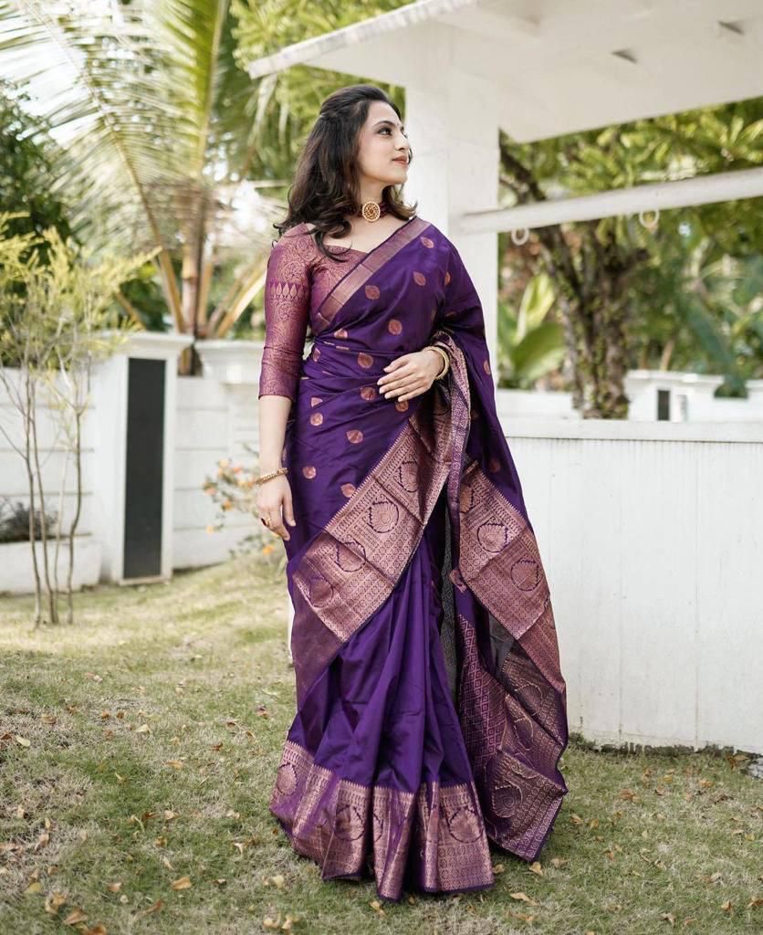 Divine Purple Soft Silk Saree With Divine Blouse Piece