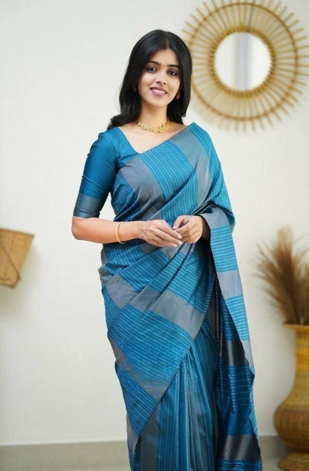 Lagniappe Firozi Soft Silk Saree With Enchanting Blouse Piece