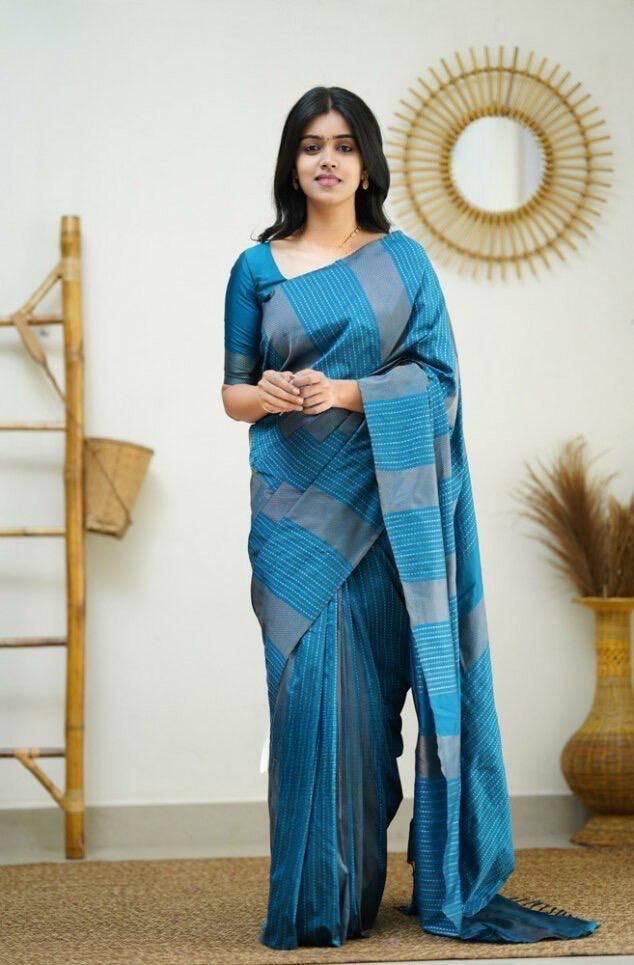 Lagniappe Firozi Soft Silk Saree With Enchanting Blouse Piece