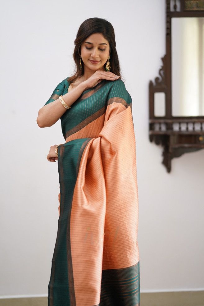 Surpassing Peach Soft Silk Saree With Delightful Blouse Piece