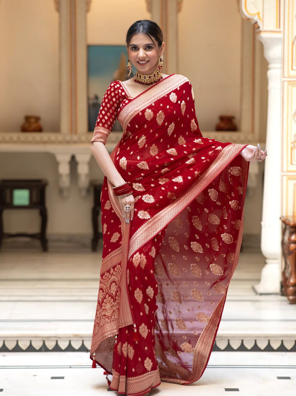 Exuberant Red Soft Banarasi Silk Saree With Dalliance Blouse Piece