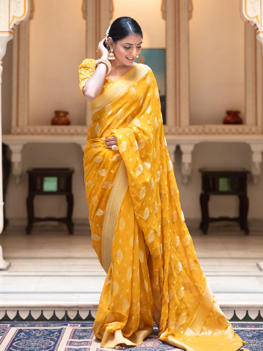 Prodigal Yellow Soft Banarasi Silk Saree With Impressive Blouse Piece